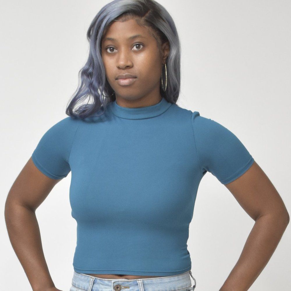 Teal Mock Neck Crop Top